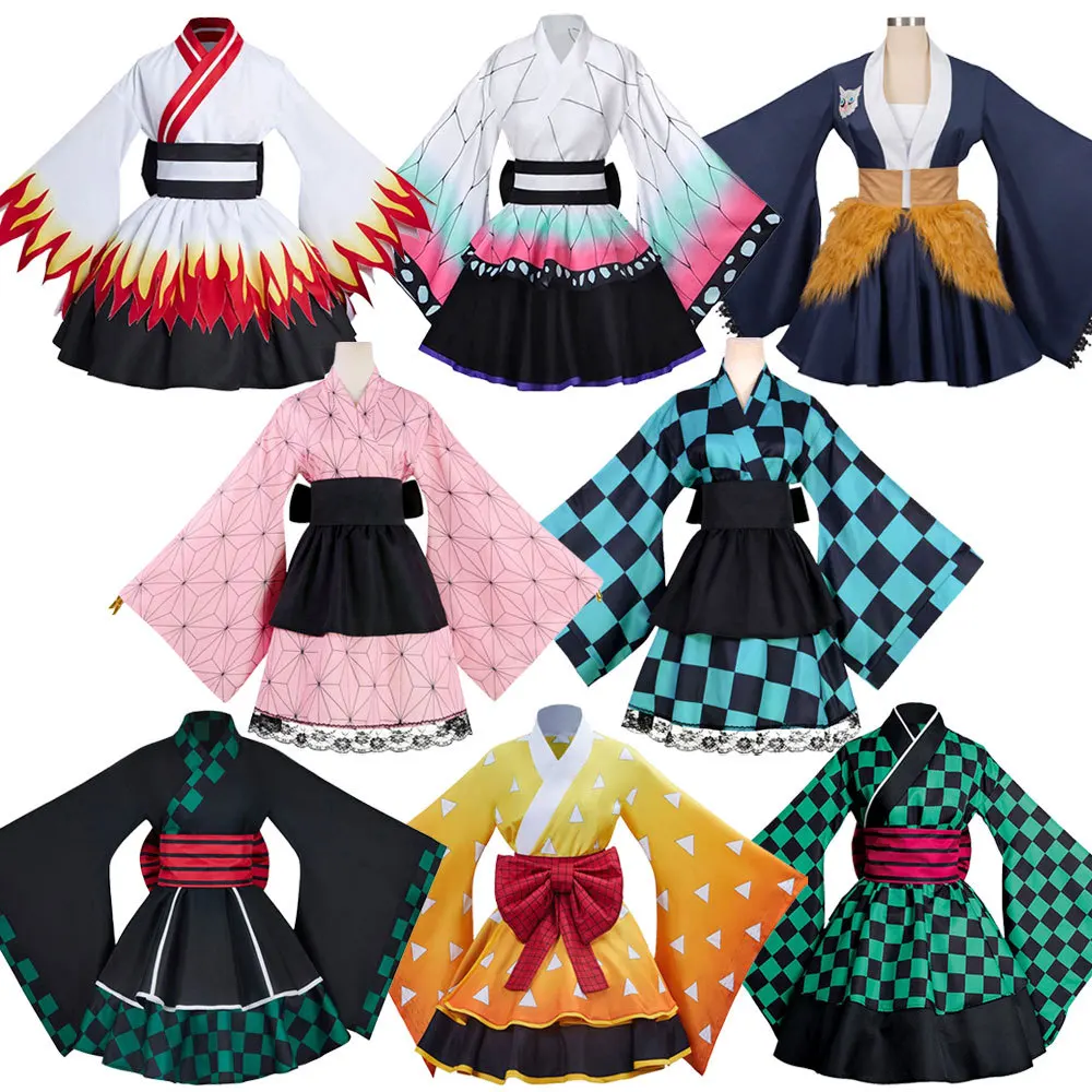 

Anime Demon Slayer Kimono Maid Dresses Kamado Nezuko Cosplay Costume Japanese Kimonos Women Lolita Dress Halloween Party Gift
