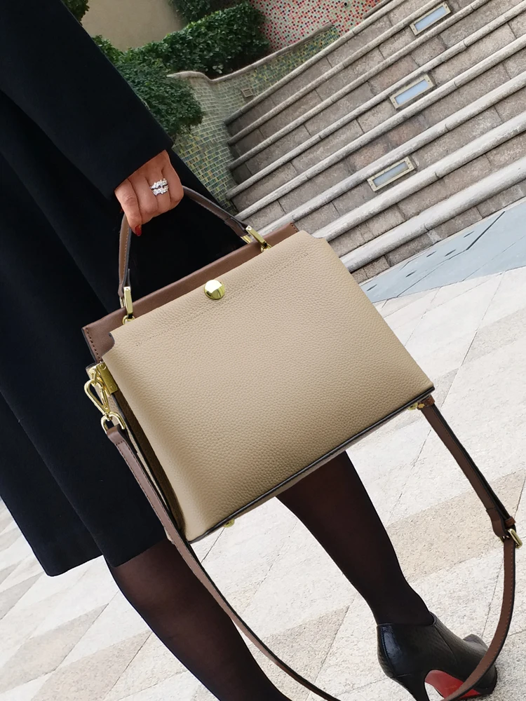 

New High Quality First Layer Cowhide Lychee Grain Handbag Simple Casual All-in-one Large Capacity Single Shoulder Crossbody Bag