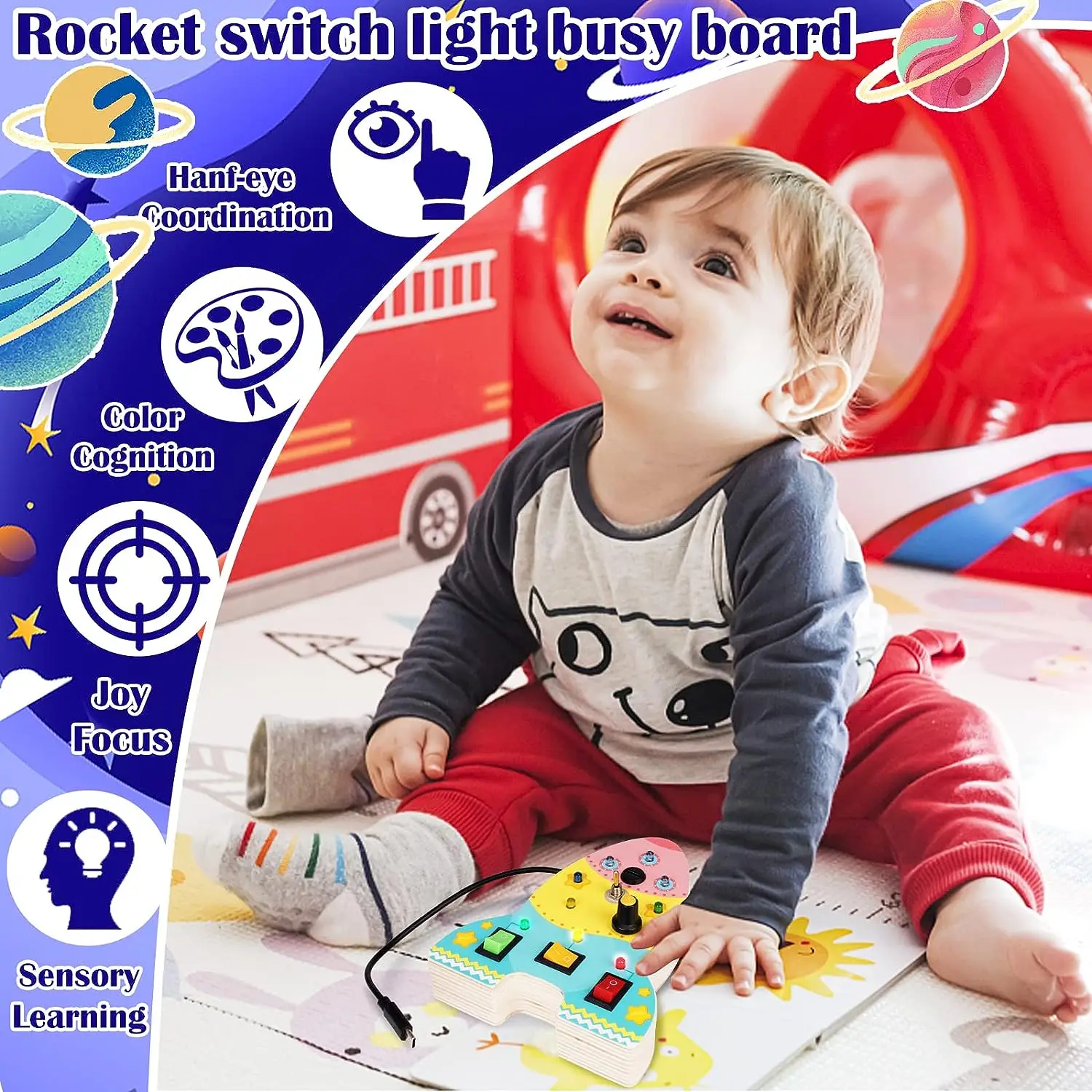 Rocket Wooden Busy Board with 6 LED Light Switches Activities Sensory Board Toy Fine Motor Skills Development Educational Travel
Rocket Wooden Busy Board with 6 LED Light Switches Activities Sensory Board Toy Fine Motor Skills Development Educational Travel