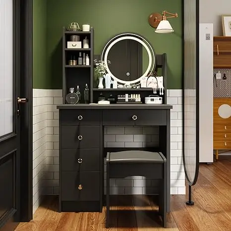 Dresser with Round Mirror, Dressing Table, Shelf, Dresser and Upholstered Stool Black Illuminated Mirror
Dresser with Round Mirror, Dressing Table, Shelf, Dresser and Upholstered Stool Black Illuminated Mirror