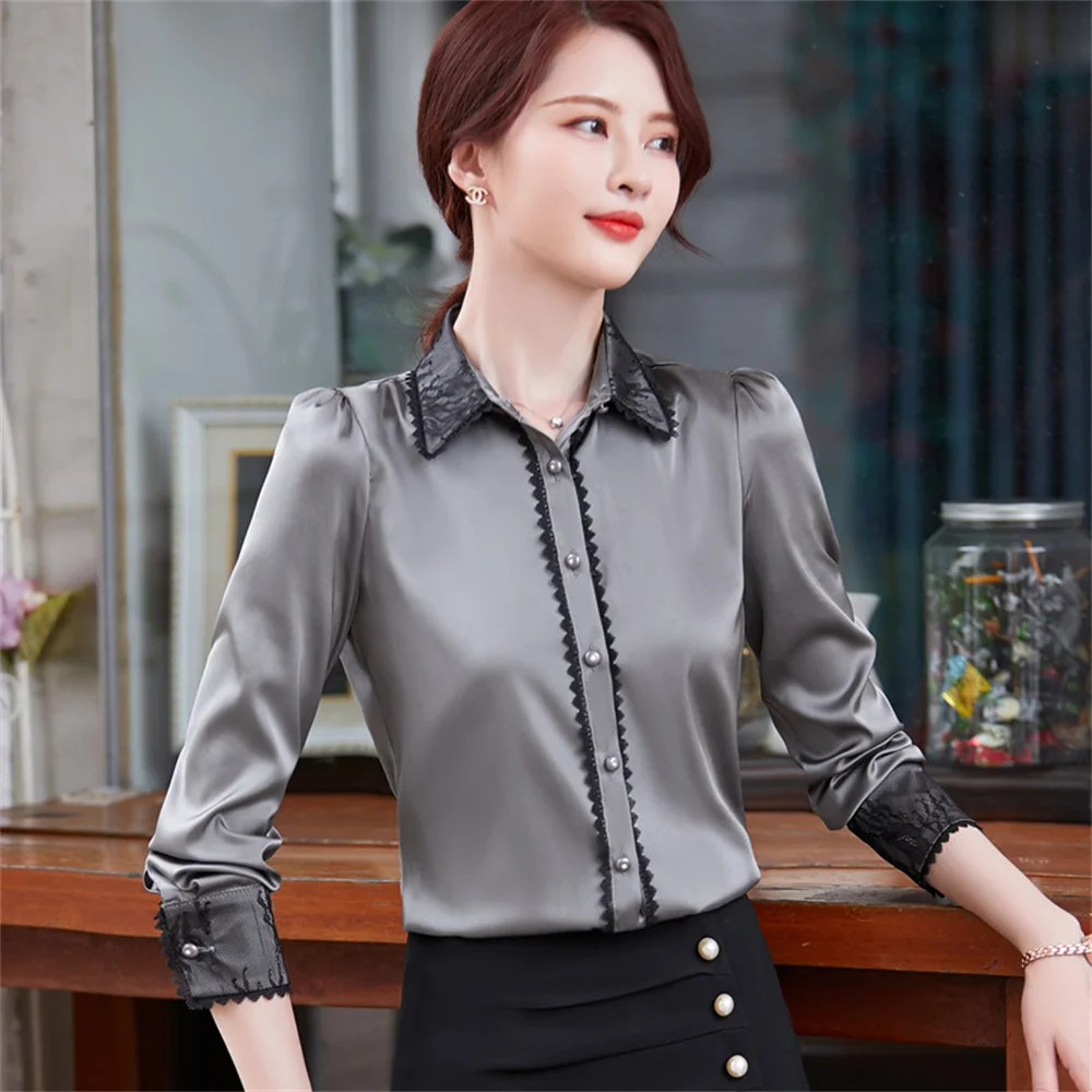 

Women's Shirt 2023 New in Korean White Gray Long Sleeve Lace Patchwork Acetate Tops Office Ladies Formal Work Blouses