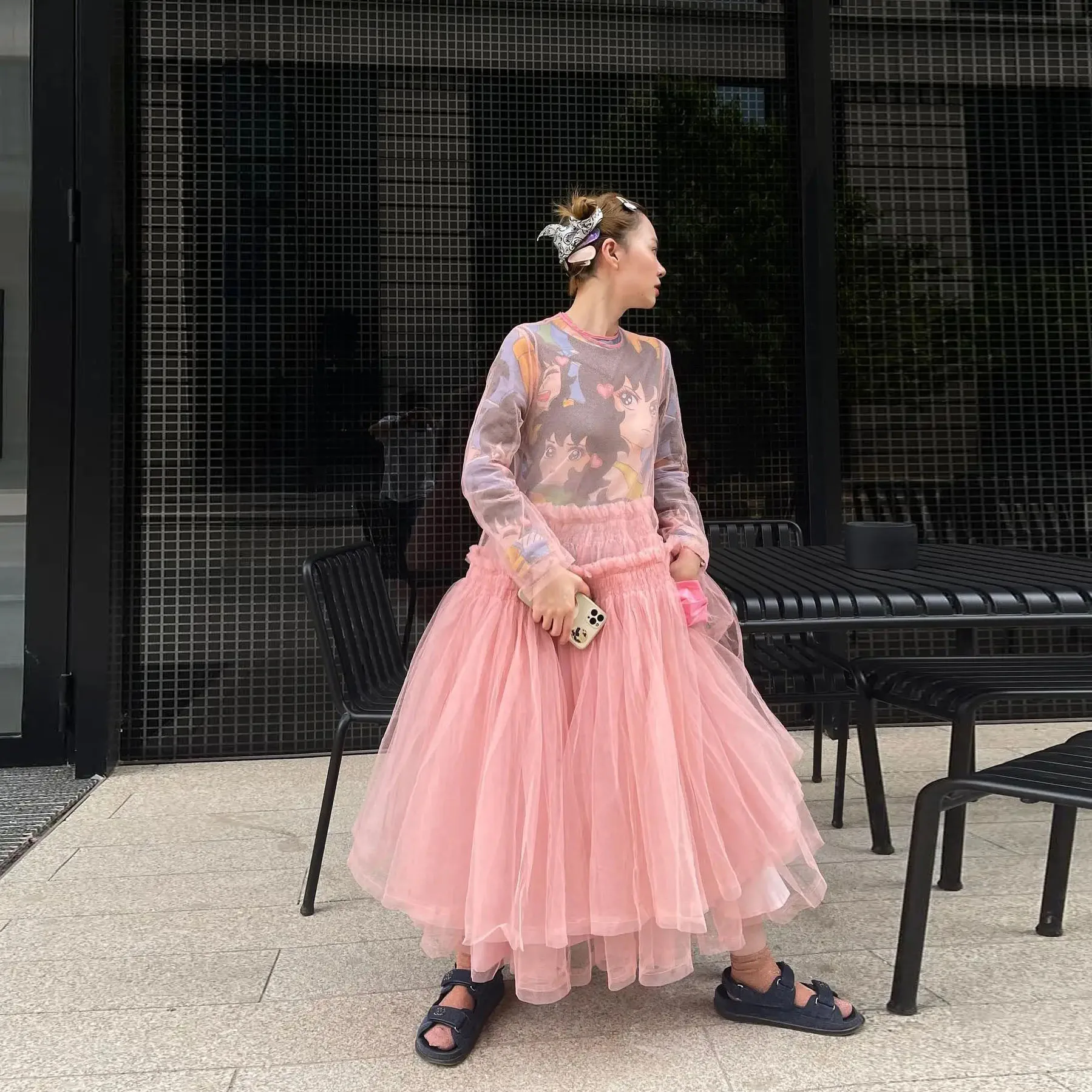 

Pink Transparent Dress Woman Illusion robe de soiree Sheer Prom Gowns Layered Ankle Length Fashion Dresses Tulle Sleeve Chic