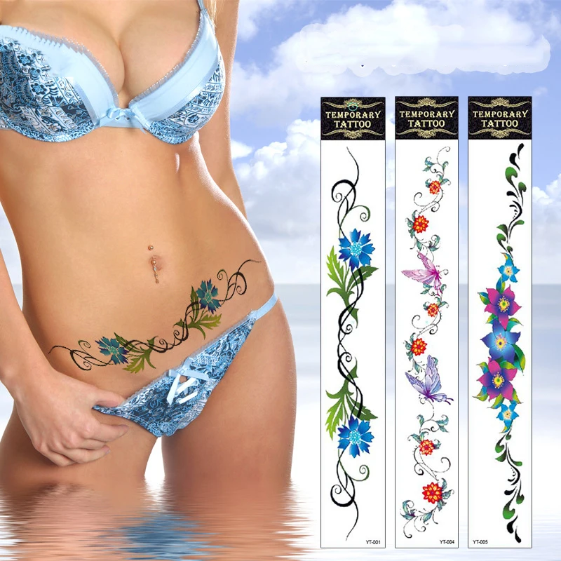 

Sexy Flower Navel Tattoo Stickers Long Belly Abdomen Waist Back Arm Thigh Chest Waterproof Temporary Tattoos for Women Girls