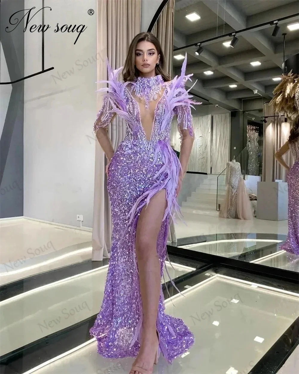 

Purple Feathers Beaded Party Dresses Dubai Design Split Side Evening Gowns Robes De Soiree 2024 Arabic Birthday Engagement Dress