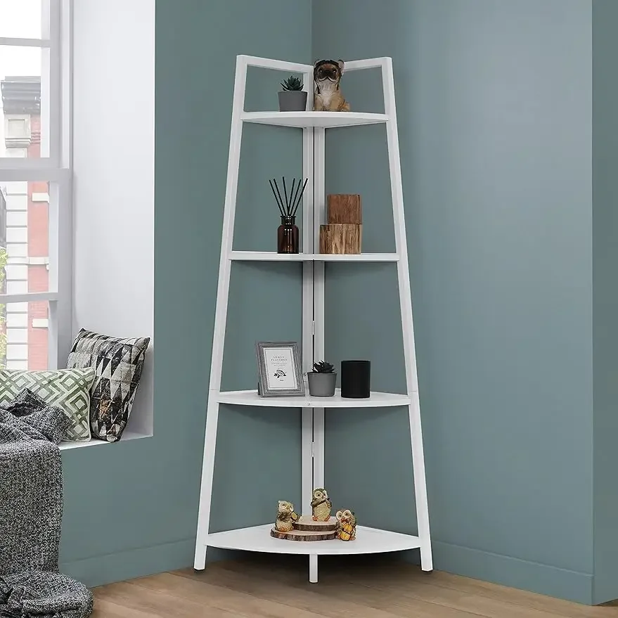 

4-Tier Display Shelves, Ladder Corner Wood Storage Plant Bookshelf with Metal Frame, Versatile Shelving Unit Bookcase