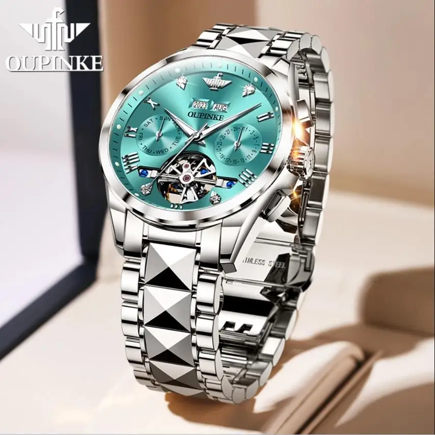 

OUPINKE Brand Skeleton Flywheel Mechanical Watches Men Tungsten Steel Strap Calendar Luxury Business Automatic Luminous Sapphire