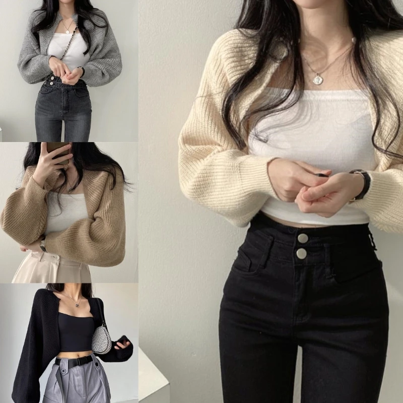 

Womens Cropped Shrugs Sweaters Long Sleeve Open Front Cardigan Boleros Jackets Lightweight Knit Shawl Tops Cover Up N7YF