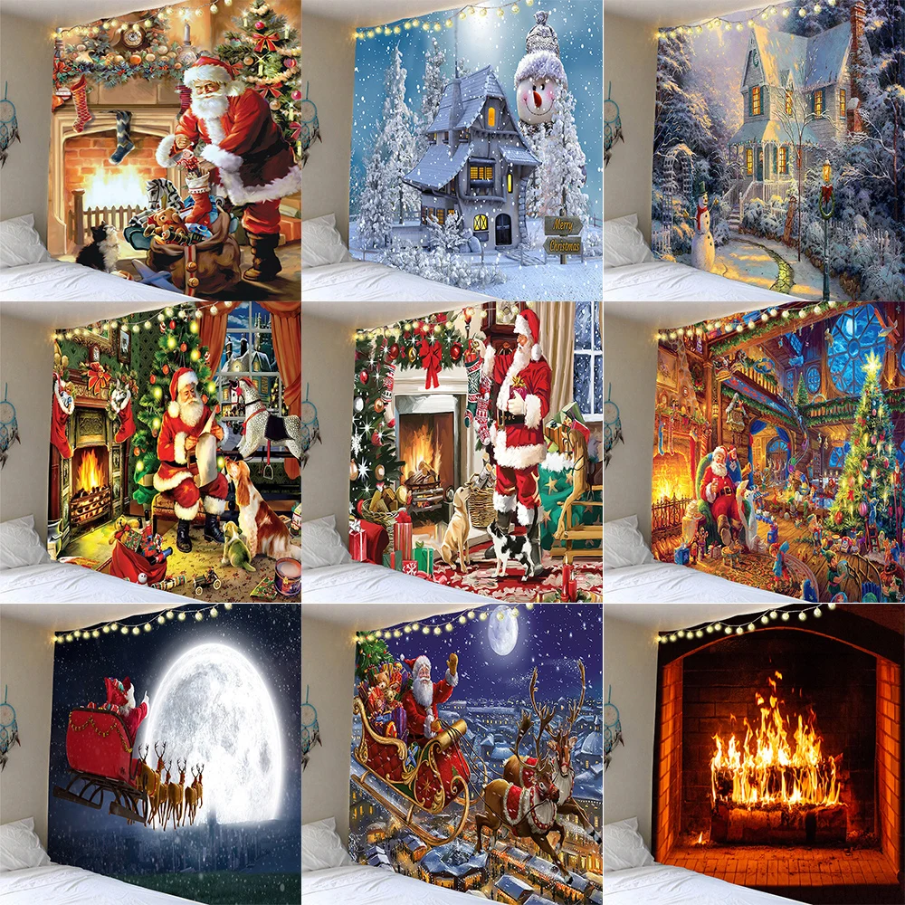 

Merry Christmas Santa Claus fireplace decoration printed pattern tapestry home living room bedroom wall decoration tapestry