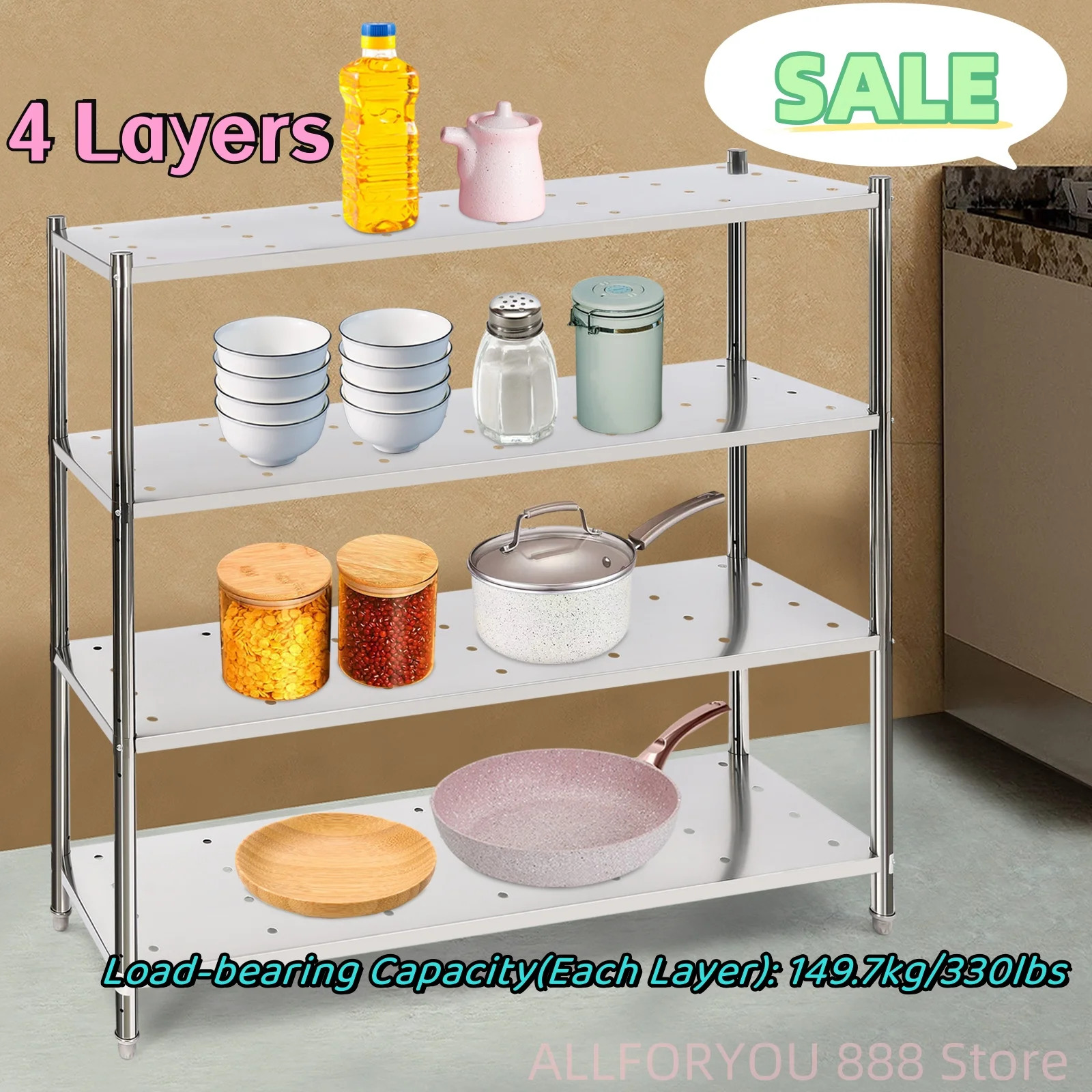 

4 Layers Stainless Steel Shelving Height Adjustable 149.7kg/330lbs Load-bearing Capacity(Each Layer)