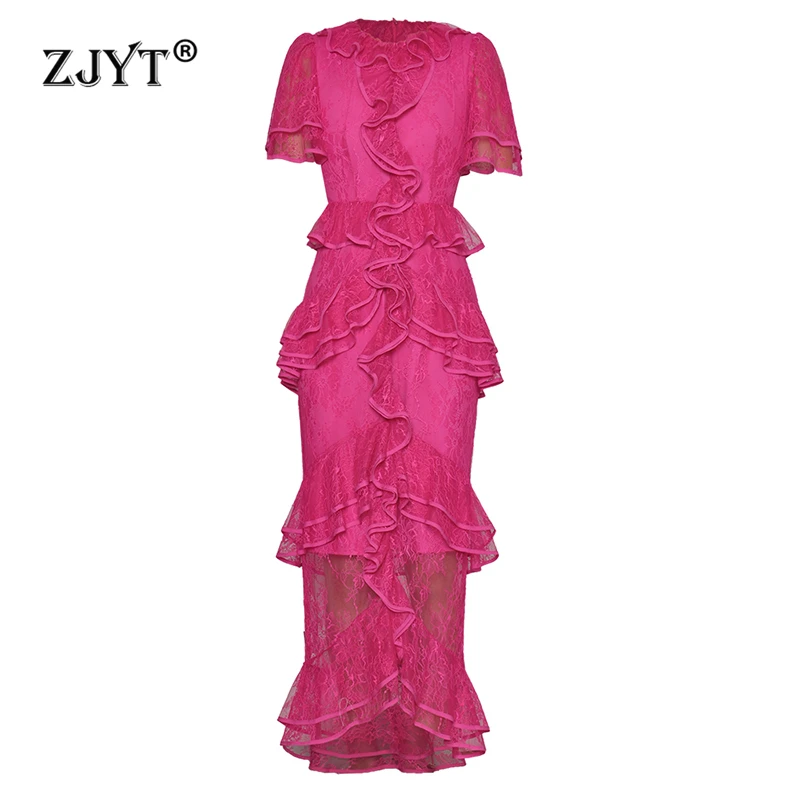 

ZJYT Women's Lace Ruffles Patchwork Midi Dress Elegant Robe Party Dress Holiday Runway Fashion Summer 2024 New Short Sleeve