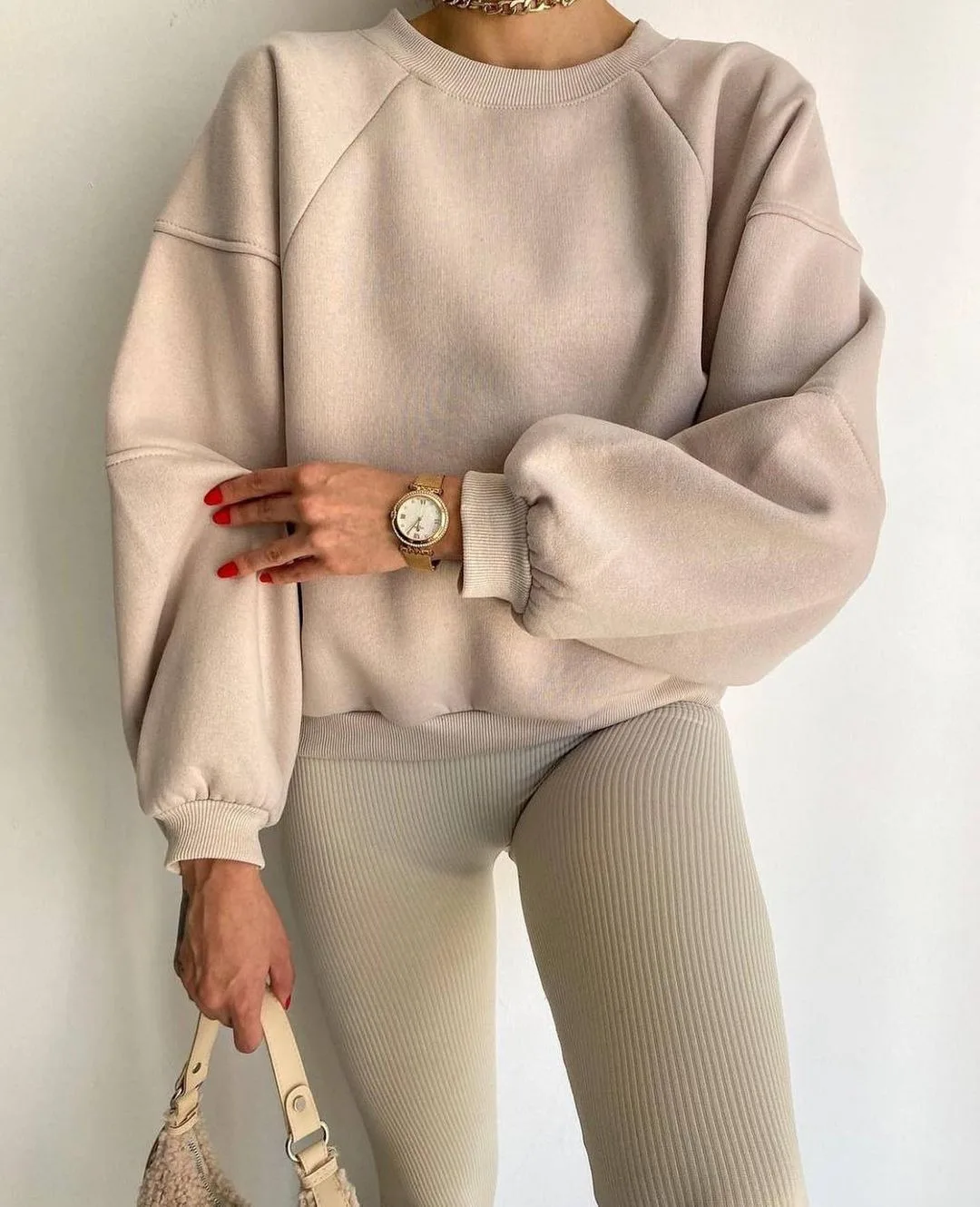 

2023 New Round Neck Splicing Long-sleeved Solid Color Basic All-match Loose Sweater Streetwear Women