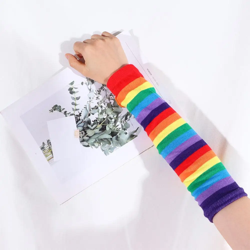 

Elastic Soft Summer Girls Thin Sun Protective Striped Arm Warmers Female Arm Warmers Knitting Gloves Rainbow Sleeve Cuff