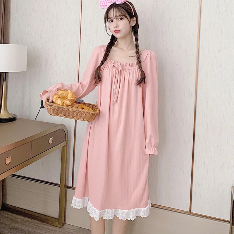 

Womens Nightdress Cotton Long Sleeve Sweet Cute Sleepshirt Nightgown Sleepwear Spring Autumn Nightwear Pajama Home Dressing Gown