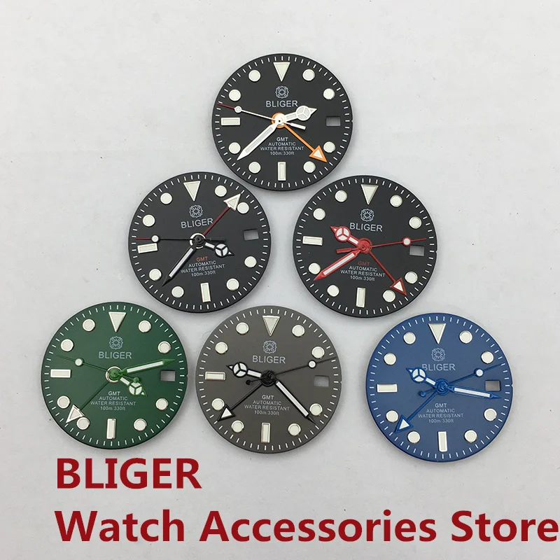 

BLIGER 29mm Watch Dial Black Blue Green Gray White Fit GMT NH34 Movement Green Luminous 3 O'clock Crown Date Window