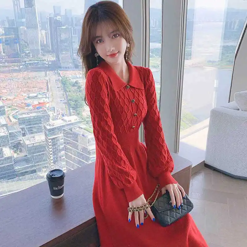 

Wholesale 2024 New Mid-Length Match with Coat Woolen Skirt Small Bottoming Slim-Fit Red Knitted Dress