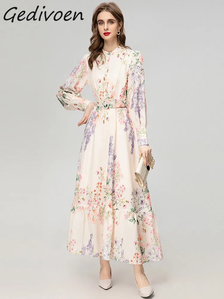 

Gedivoen Summer Fashion Runway Dress Women's Lantern Sleeve Pink Floral Print Belt A-LINE Long vacation Dress