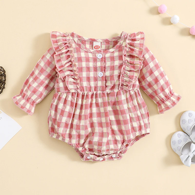 

Infant Baby Girl Plaid Romper Casual Round Neck Long Sleeve Ruffled Frill Trim Button Down Bodysuit Toddler Jumpsuit Clothes