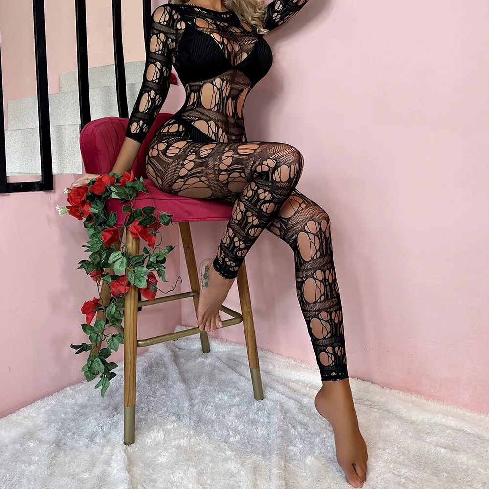 

Erotic Bodystockings Women Fishnet Transparent Jumpsuit Long Sleeve Onesies Hollow One Pieces Sexy Lingerie Overalls Underwear