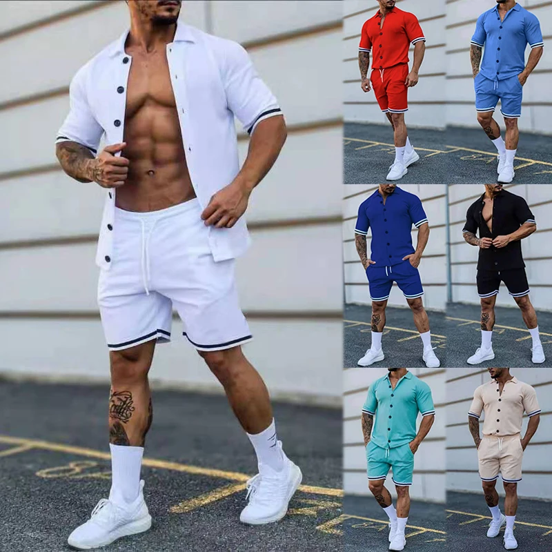 

Summer New Men's Clothing Europe And America Style Casual Striped Sportswear Lapel Short-sleeved Shirt Shorts Two-piece Set