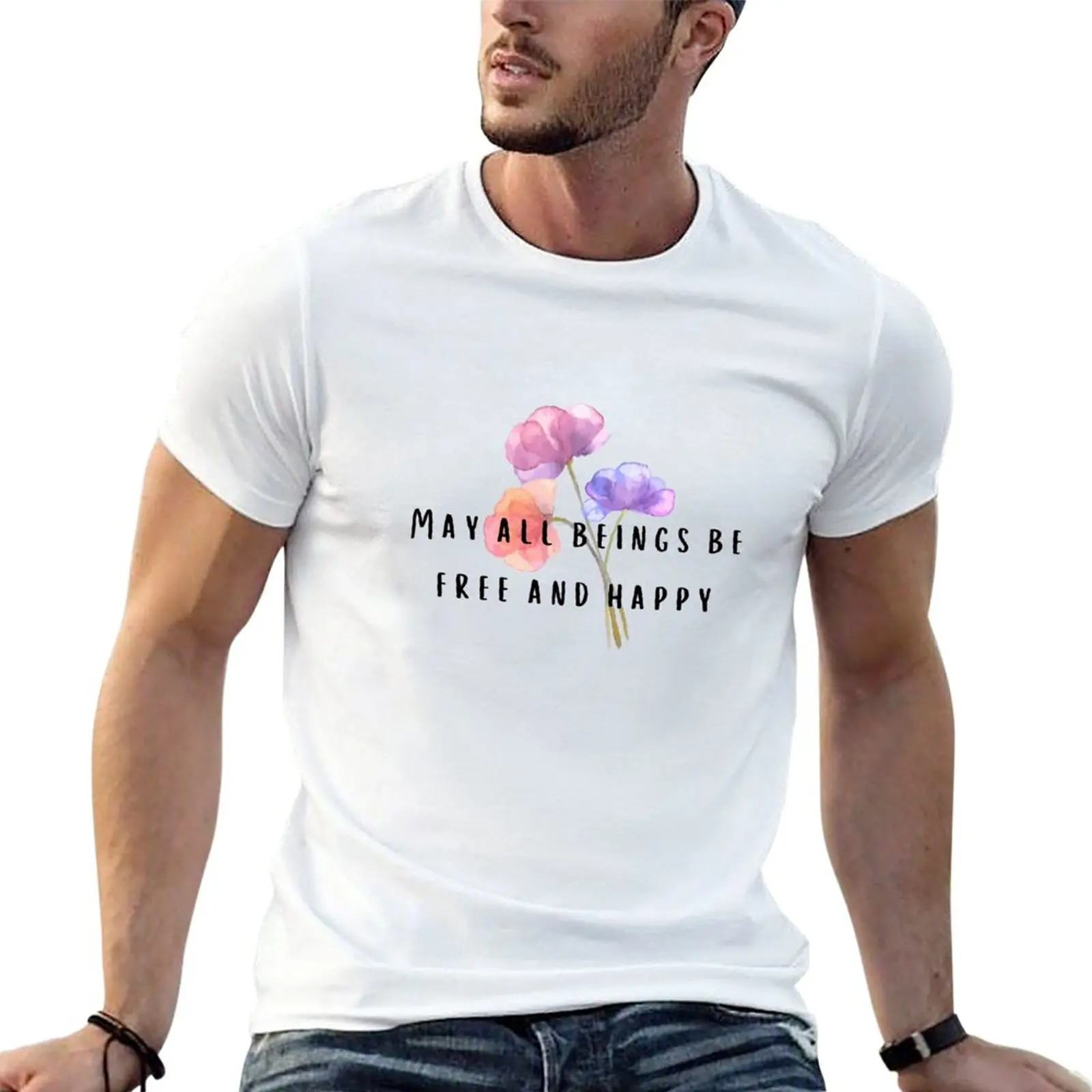 

Новинка, футболка с надписью May All Be Free and Happy - acrylic pastel flower, Симпатичные топы, забавная футболка, футболки на заказ, мужская одежда