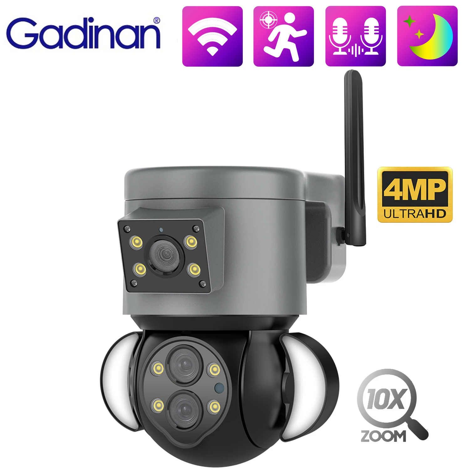 

Gadinan HD 4MP WIFI Color Night Vision Wide Angle 10x Zoom Surveillance Camera PTZ Dual Channel Video Motion Tracking IP Camera