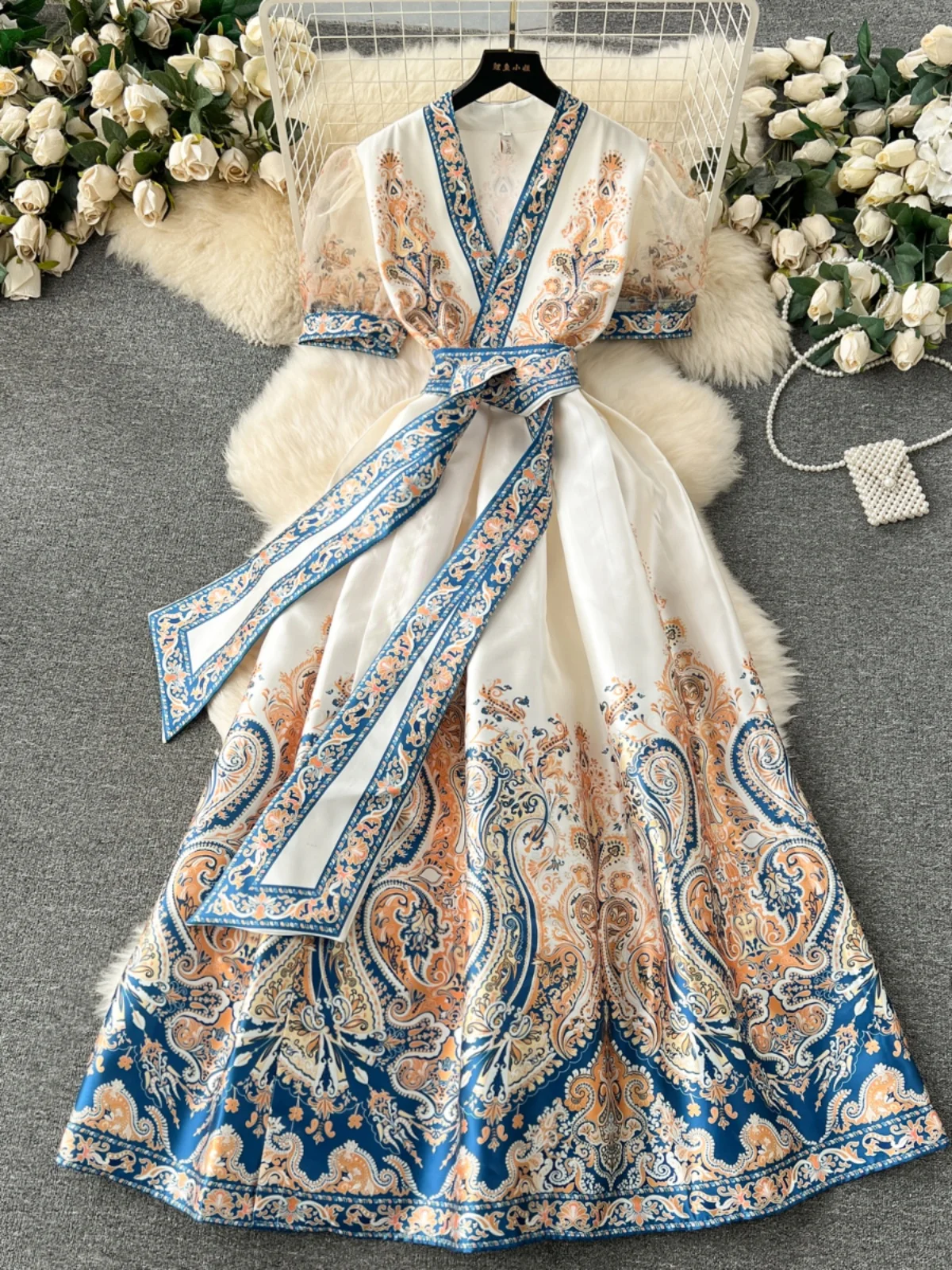 

Luxury Palace Style Party Gown for Women Vintage Printed Lace-Up Slim Waist Big Swing Long Dress Lady Elegant Dresses