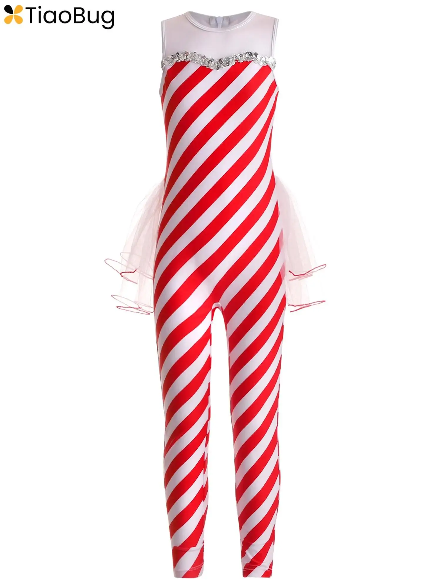 

Kids Girls Christmas Striped Candy Cane Costume Dance Gymnastic Tutu Skirted Leotard Jumpsuit Xmas Mrs Claus Bodysuit