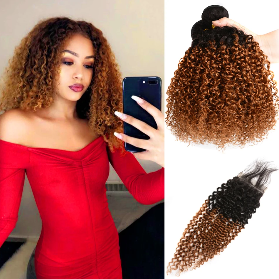 

DreamDiana 100% Malaysian Hair Bohemian Curly Weave 3 Bundles with Closure 4C Ombre Kinky Curly Hair Extension with Lace Closure