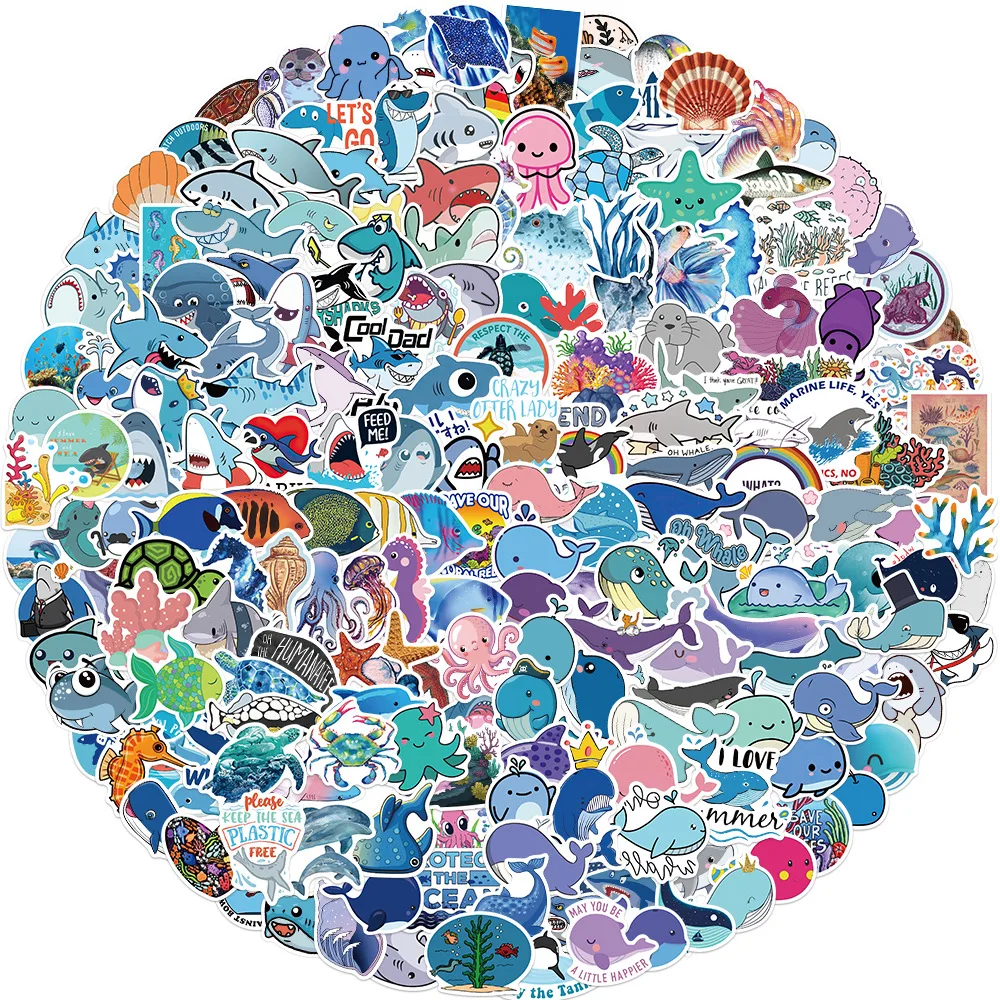 

200Pcs Cartoon Ocean Creatures Stickers Cute Marine Organism Shark Dolphin Starfish Decals DIY Phone Laptop Luggage Kids Toy C3
