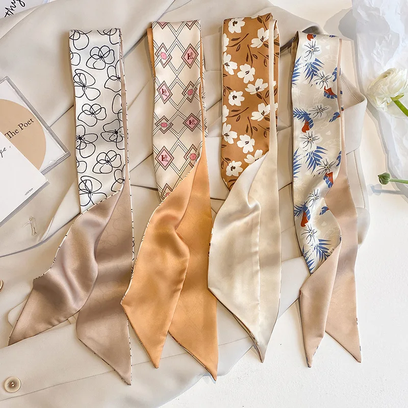 

2023 New Floral Print Skinny Silk Ribbon Scarfs for Women Soft Satin Hairband Female Bag Ribbon Foulard Neckerchief Korean Hair