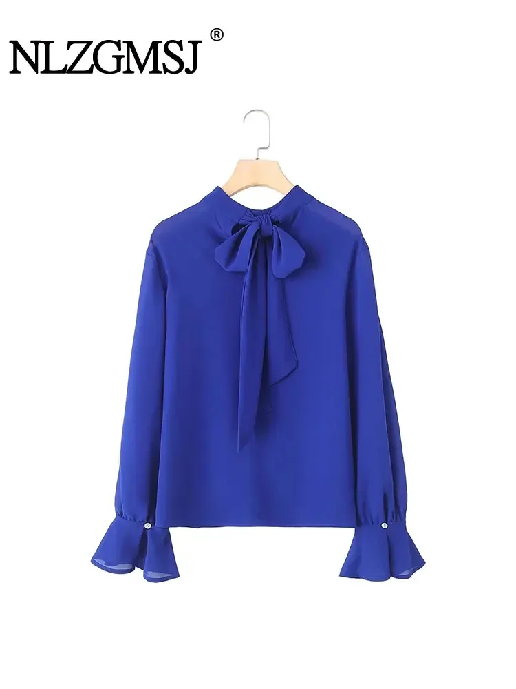 

Женская блузка с бантом на воротнике Nlzgmsj TRAF, голубая винтажная блузка с длинным рукавом и оборками, 2024, женские элегантные полупрозрачные блузки, шикарные топы