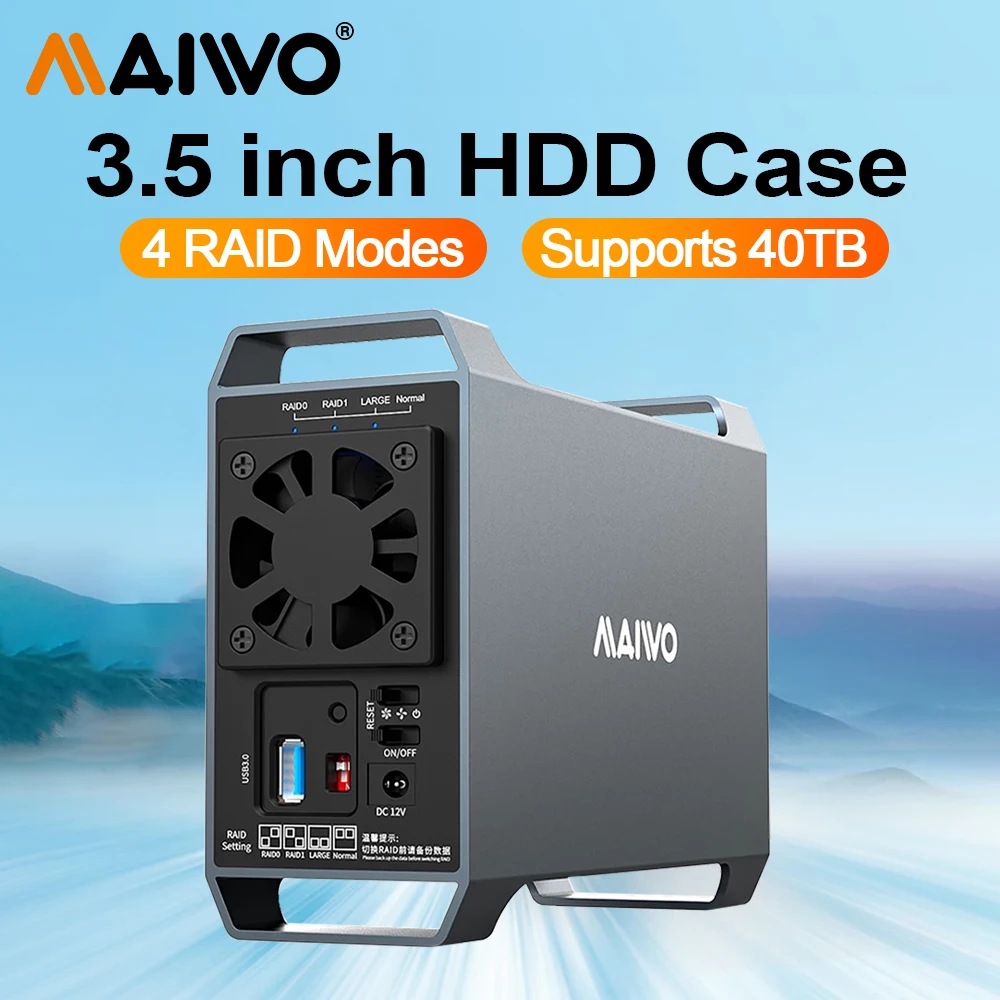 

MAIWO 3.5-inch Disk Array Hard Drive Box, Dual Bay RAID Array Box, SATA To USB 3.0 Disk External Box, Four RAID Modes with Fan