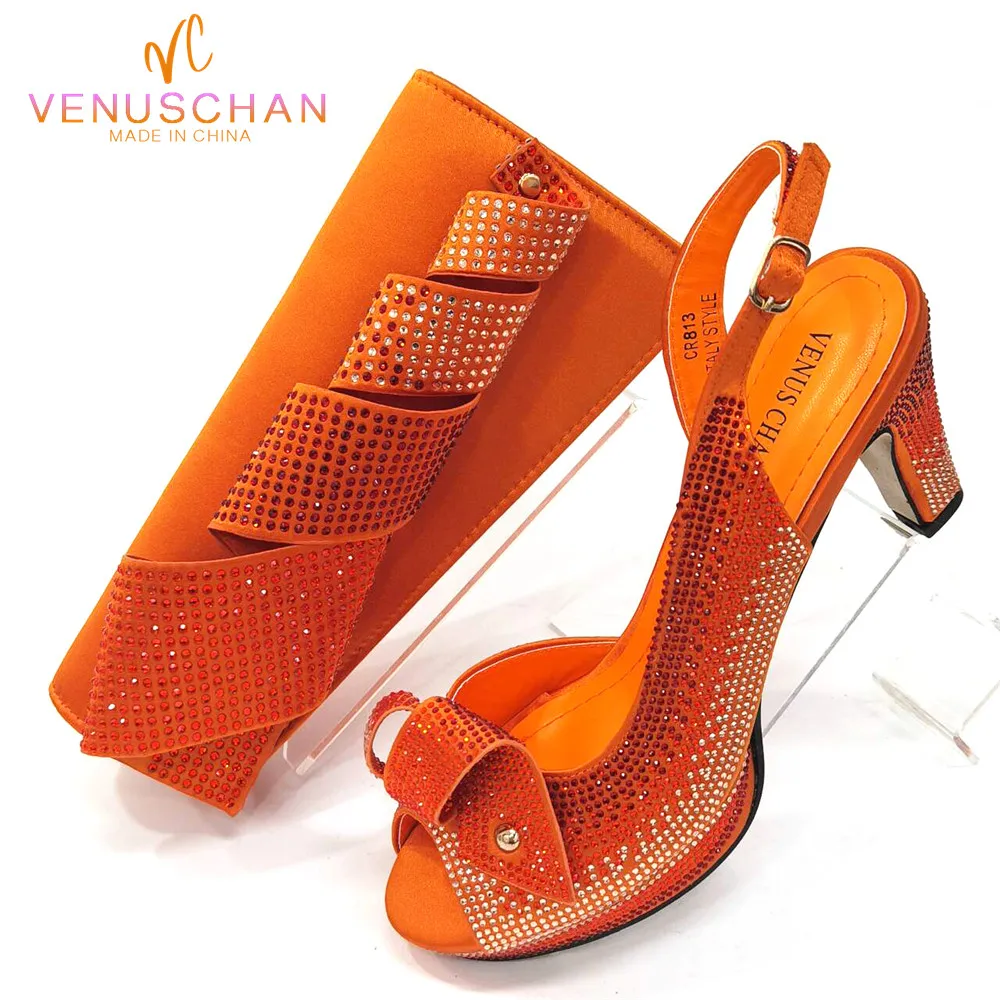 

Venus Chan Shoes Woman 2024 Trend High Heels Italian Design Orange Color Shoes and Bag Rhinestone for Nigeria Wedding Party