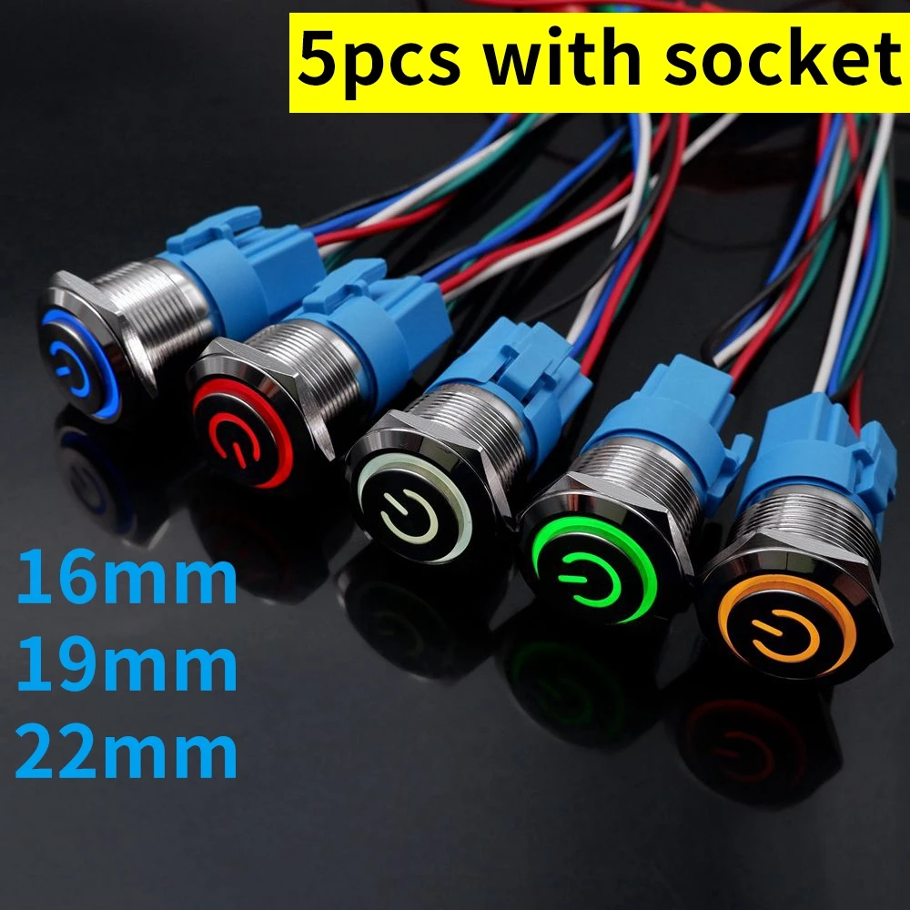 

5 pcs Metal Push Button Switch 16/19/22MM Waterproof LED Light Momentary Latching Car Engine Power Switch High Head 5V 12V 220V