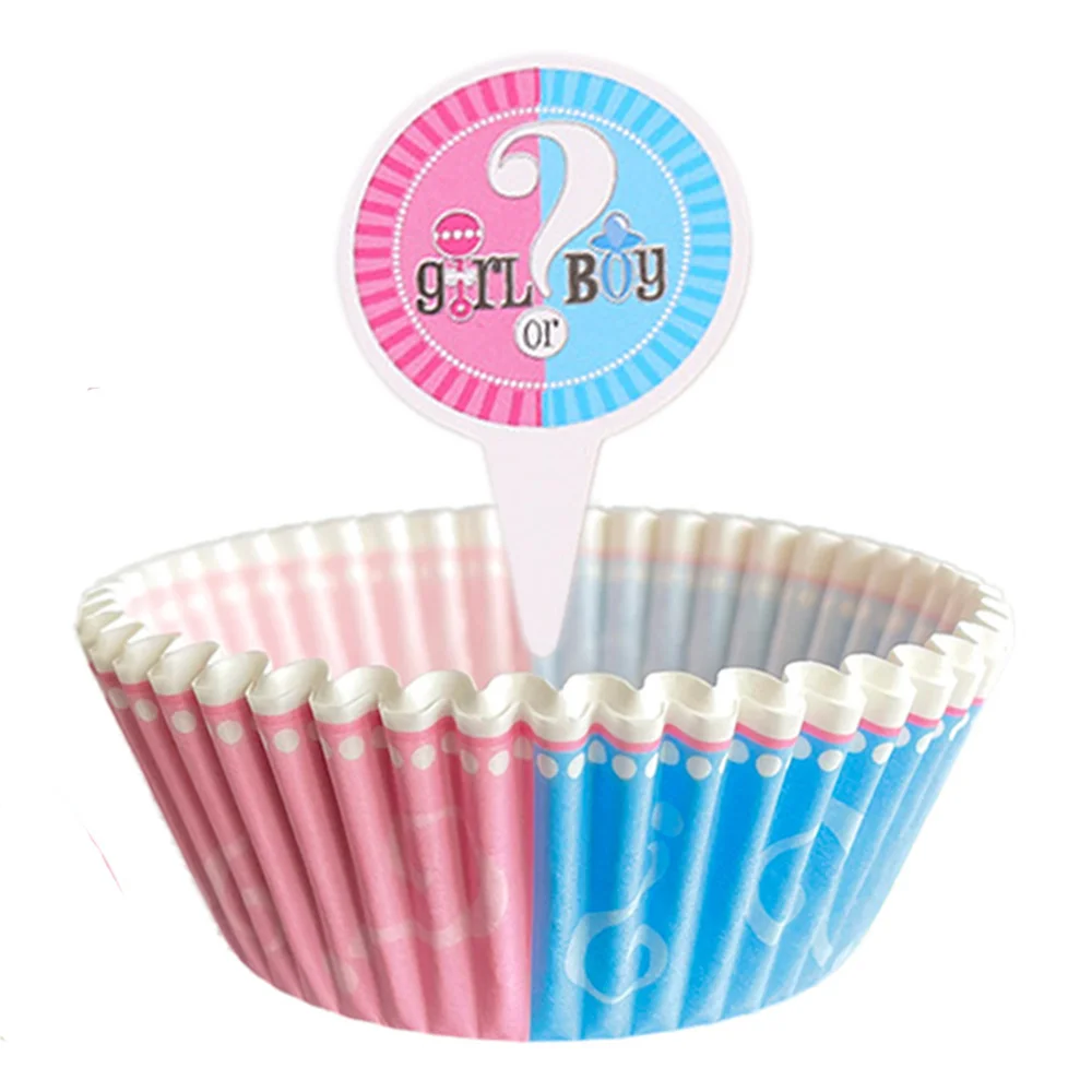 

48pcs Boy or Girl Cupcake Wrapper and Topper Gender Reveal Party Supplies Cake Decorating Baby Shower Decor