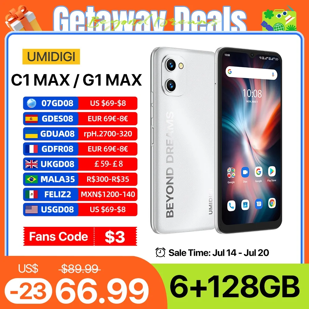 UMIDIGI C1 Max, G1 Max Smartphone, Unisoc T610, 6GB+128GB, 50MP Camera, 5150mAh Battery, Dual SIM 4G Celulares, Global Version
UMIDIGI C1 Max, G1 Max Smartphone, Unisoc T610, 6GB+128GB, 50MP Camera, 5150mAh Battery, Dual SIM 4G Celulares, Global Version