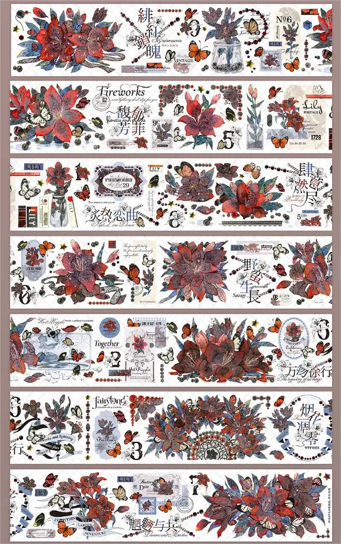 

Блестящая лента Washi для домашних животных в темном стиле с бабочками и красными цветами