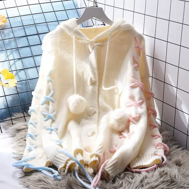 

DAYIFUN-Japanese Sweet Jumpers Women Warm Knitwear Hooded Cardigans Mid Length Loose Colorful Strap Sweater Autumn Winter Coats