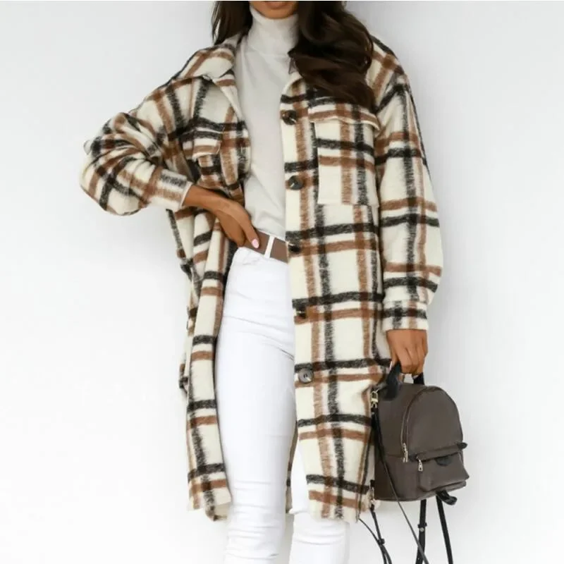 

Warm Plaid Long Coat Oversize Thick Woolen Blends Vintage Jacket Brown Women Winter Checked Jacket Overcoat 2023 New Streetwear