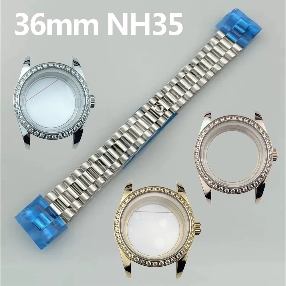 

Crystal Diamond Case NH35 36mm, Rhinestone Bezel 316L Stainless Steel Watch Case Strap Set, for NH35A NH36 4R35A 4R36A Movement