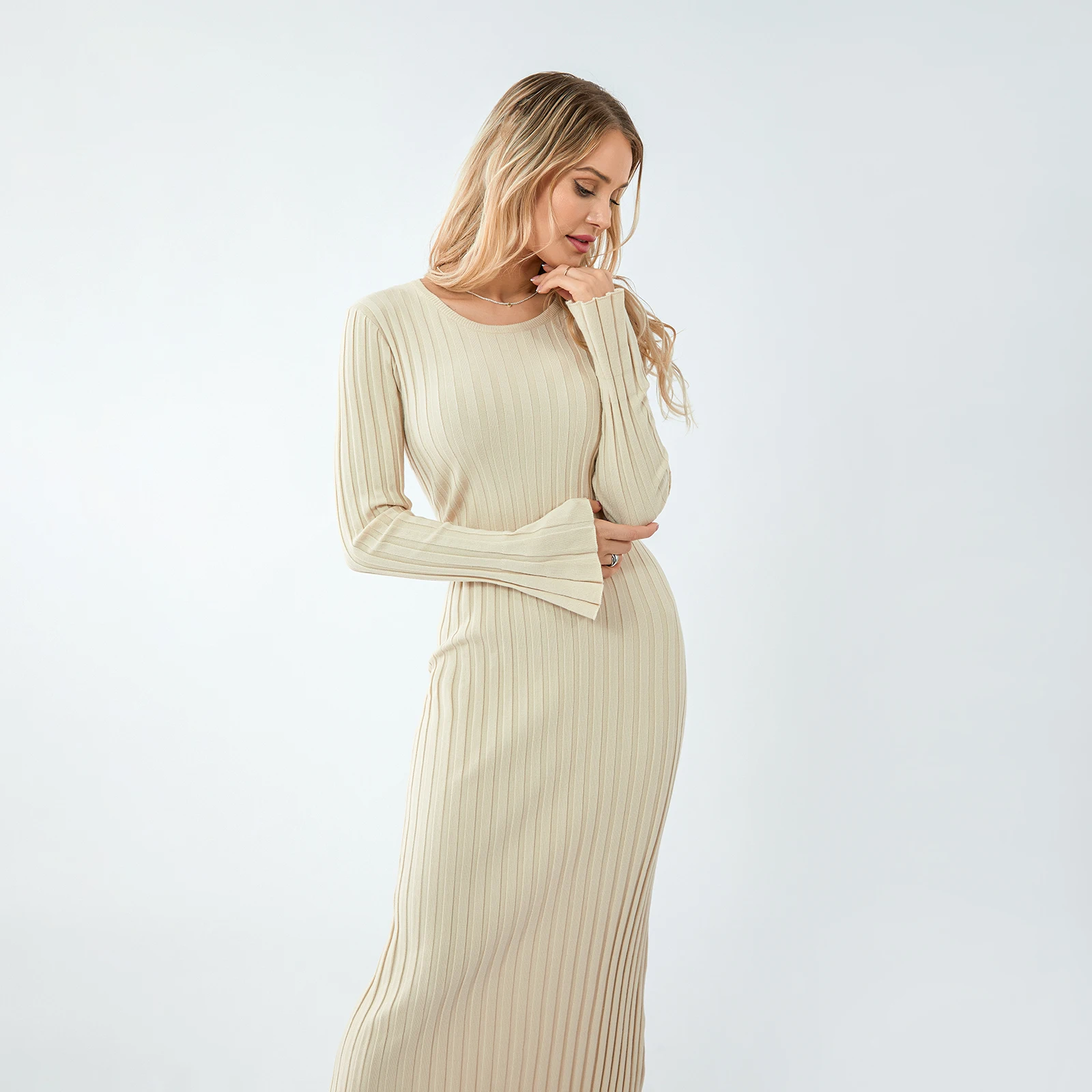 

Женское трикотажное платье-свитер в рубчик с V-образным вырезом, облегающее Платье макси с длинным рукавом, однотонный Повседневный облегающий наряд для весны, осени и зимы