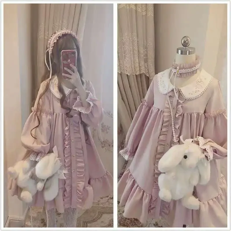 

Alice In Wondeland Cute Women Lolita OP Dress Flouncing Lace Trim Japanese Harajuku Long Sleeves Doll Teen Dress Fairy Vestidos