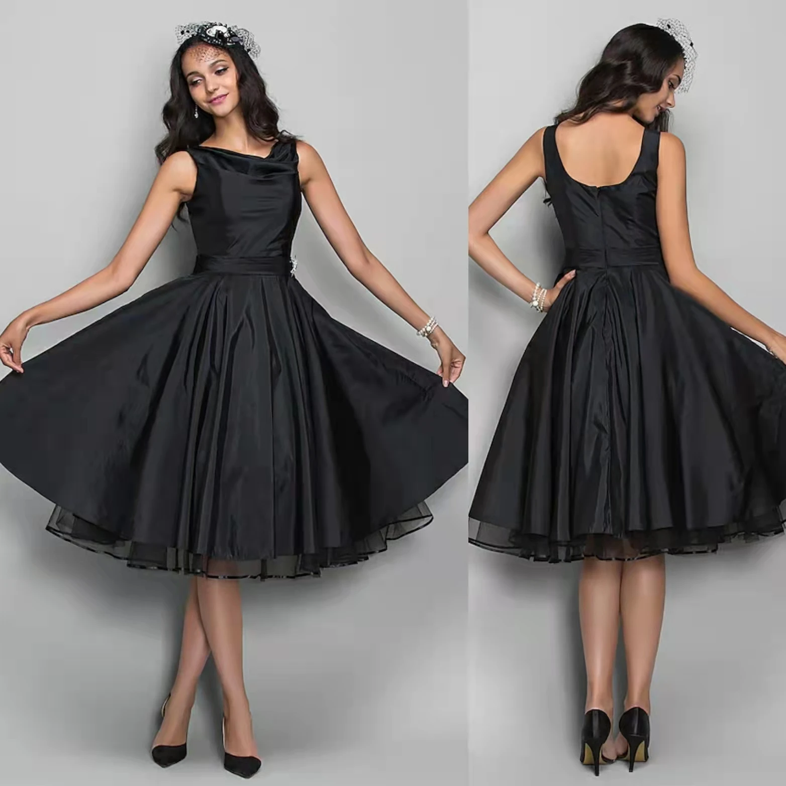 Elegant Short Black Taffeta Evening Dresses With Belt A-Line Cowl Neck Tea Length 1950s Dress Cocktail Party Dress for Women
Elegant Short Black Taffeta Evening Dresses With Belt A-Line Cowl Neck Tea Length 1950s Dress Cocktail Party Dress for Women