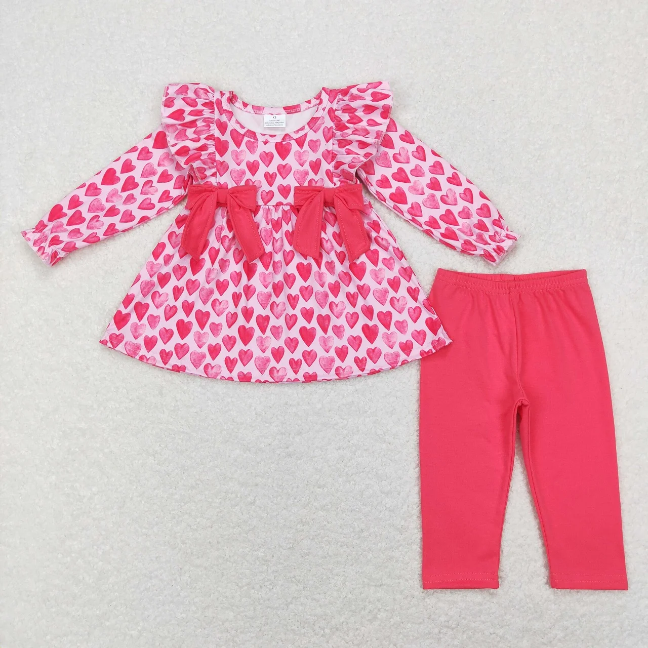 

Wholesale Children Valentine's Day Outfit Baby Girl Long Sleeves Hearts Bow Tunic Kids Pink Cotton Pants Children Set