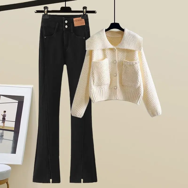 Spring Autumn Fragrance Suit Women's Fashion New Solid Color Versatile Knitted Cardigan Sweater Jeans Two Piece Set Trend
Spring Autumn Fragrance Suit Women's Fashion New Solid Color Versatile Knitted Cardigan Sweater Jeans Two Piece Set Trend