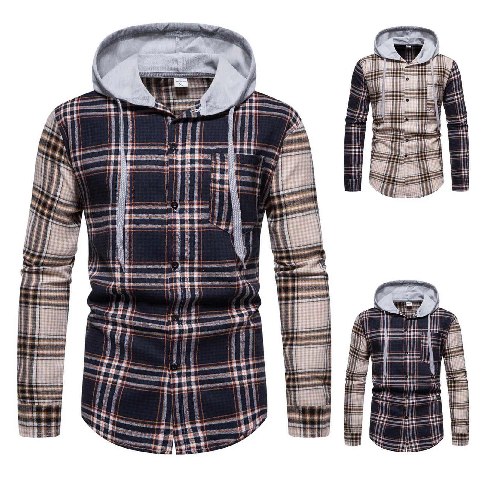 Рубашка мужская с длинным рукавом, повседневная клетчатая блузка с воротником с капюшоном, дышащая с геометрическим принтом, зима-весна 
Рубашка мужская с длинным рукавом, повседневная клетчатая блузка с воротником с капюшоном, дышащая с геометрическим принтом, зима-весна