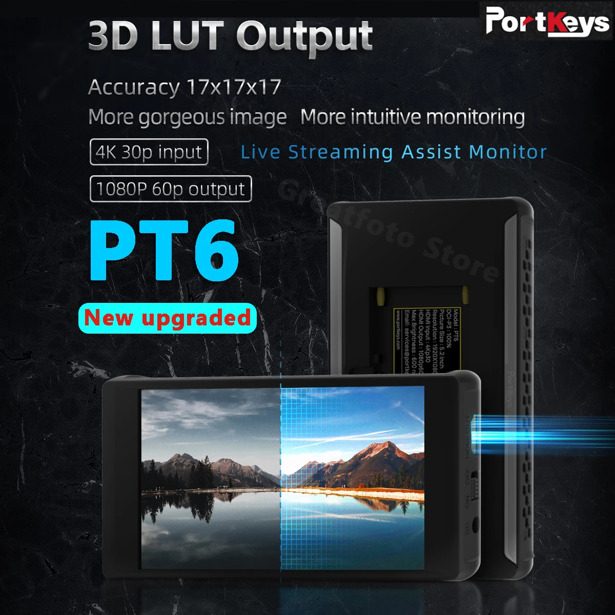 

Portkeys PT6 Monitor 5.2" 3D LUT IPS 4K HDMI-Compatibled Support 600nit Monitor Stretchable For Live Streaming Field Waveform