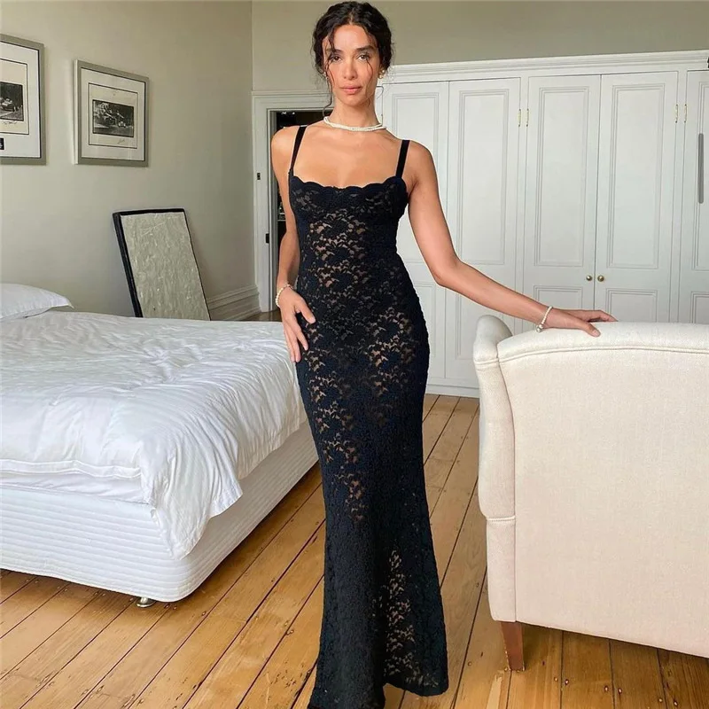 

BKLD 2024 New Women Clothing Fashion Black Dress Sexy Perspective Lace Slim Fit Spaghetti Strap Elegant Party Long Dresses