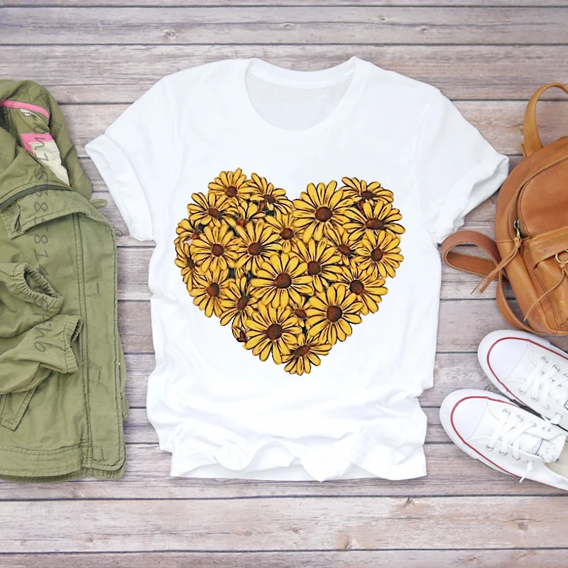 

Женская Мягкая летняя футболка с принтом подсолнуха, сердца и цветов
