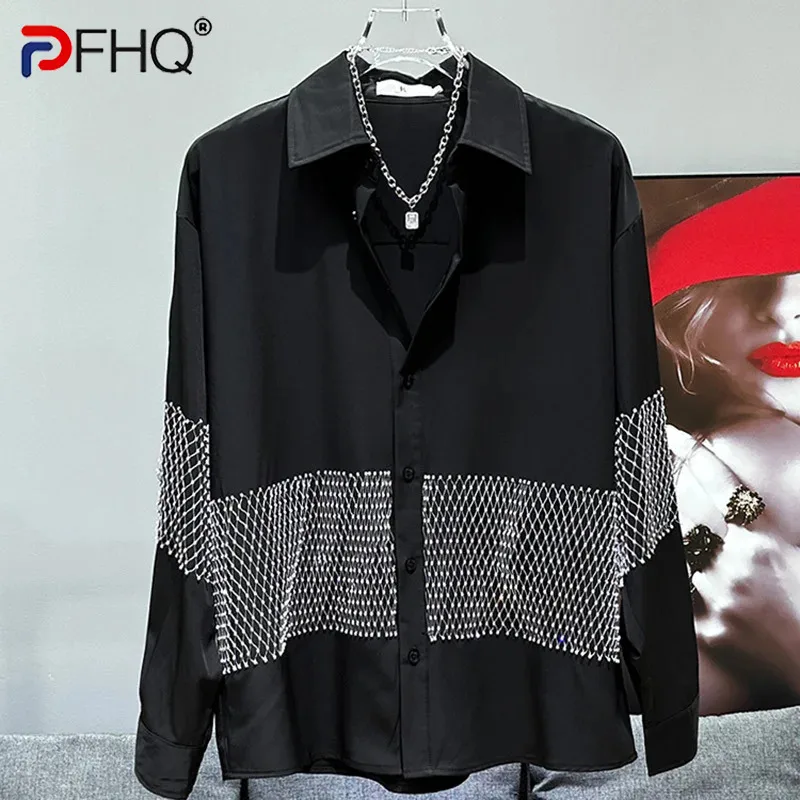 

PFHQ Men's Hollowed Out Mesh Shirts Summer Splicing Decoration Long Sleeved Trendy Handsome Popular Male Tops Versatile 21Z4496